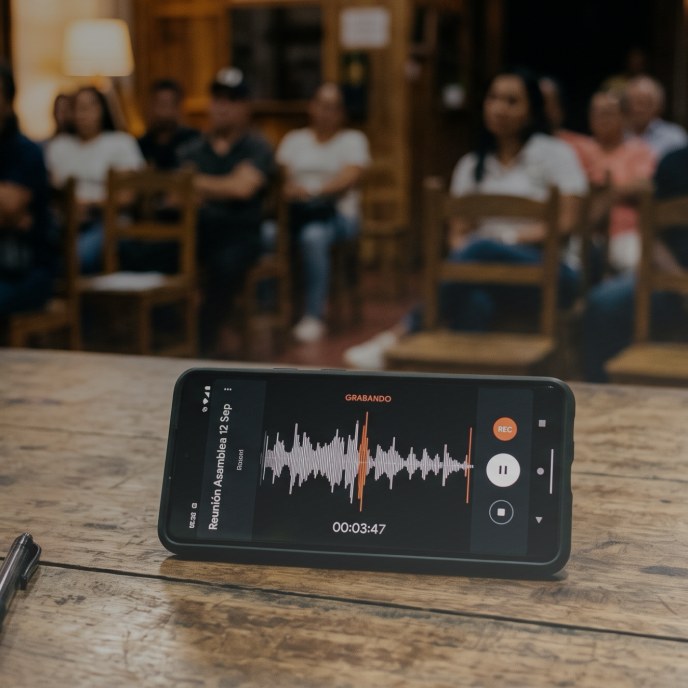 Celular grabando el audio de una asamblea de copropietarios en el salón comunal